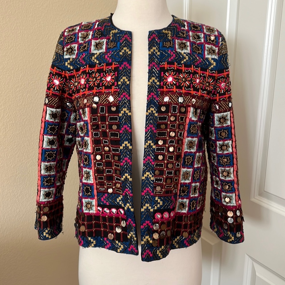 Indian Fabric & Beaded Crop Jacket Detail